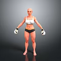 Bald Woman in White Sports Bra Black Shorts with White Boxing Gloves Standing Pose