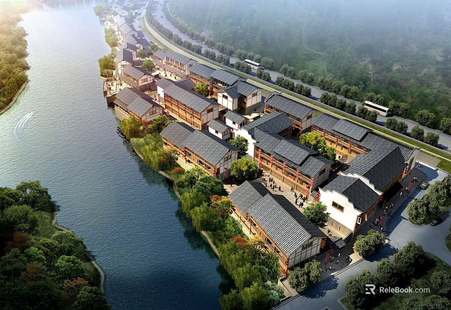 Aerial Planning View of Riverfront Traditional Building Complex with Green Trees and Roads 3d model 
