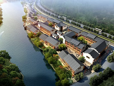 Aerial Planning View of Riverfront Traditional Building Complex with Green Trees and Roads 3d model