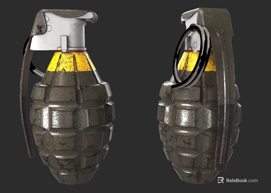 Tactical Hand Grenades With Metallic Texture Yellow Band And Safety Pin 3d model 