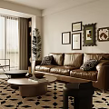 Modern Living Room Interior With Brown Sofa Framed Wall Pictures Patterned Rug And Indoor Plant