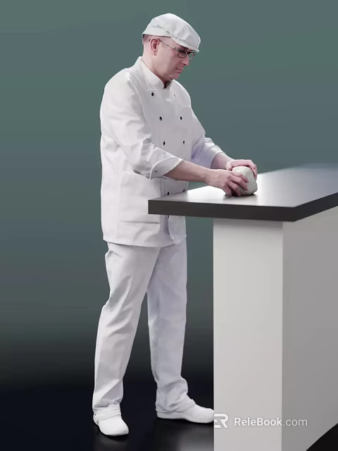 Man Wearing White Chef Uniform Kneading Dough At White Counter With Black Top 3d model 
