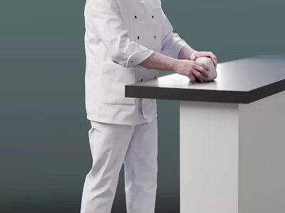 Man Wearing White Chef Uniform Kneading Dough At White Counter With Black Top 3d model