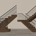 Stairs With Wrought Iron Railings And Wooden Steps In Beige Wall Interior