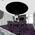 Elegant Private Dining Room With Round Table Chandelier And Purple Patterned Carpet 3d model
