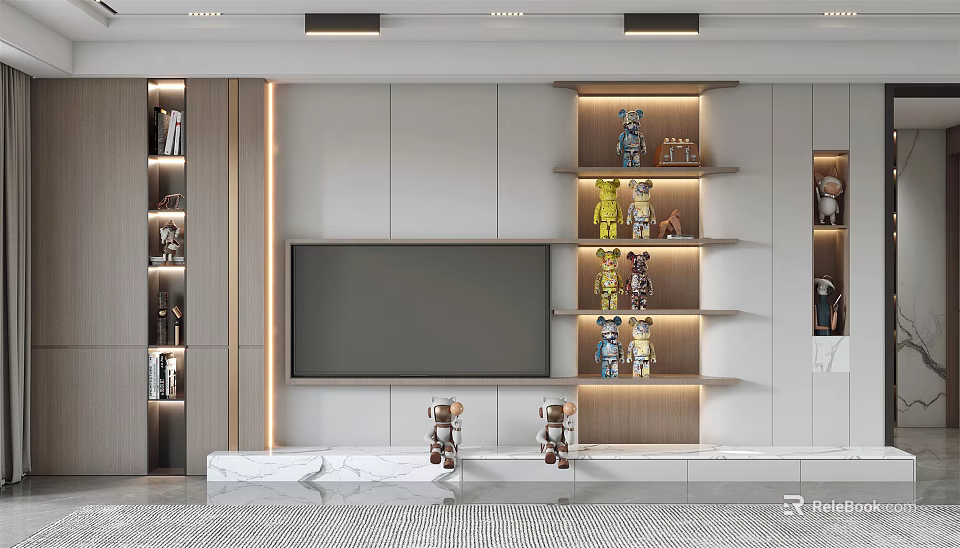 Modern TV Background Wall with White Panels Illuminated Shelves Decorative Figurines and Marble Countertop 3d model 