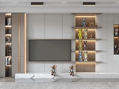 Modern TV Background Wall with White Panels Illuminated Shelves Decorative Figurines and Marble Countertop 3d model