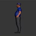 Man Wearing Blue Shirt And Cap With Black Pants Gray Shoes Against Gray Background