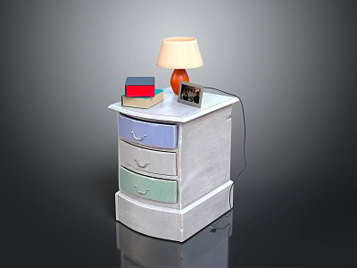 Colorful Drawer Nightstand With Table Lamp Stack Of Books And Alarm Clock 3d model