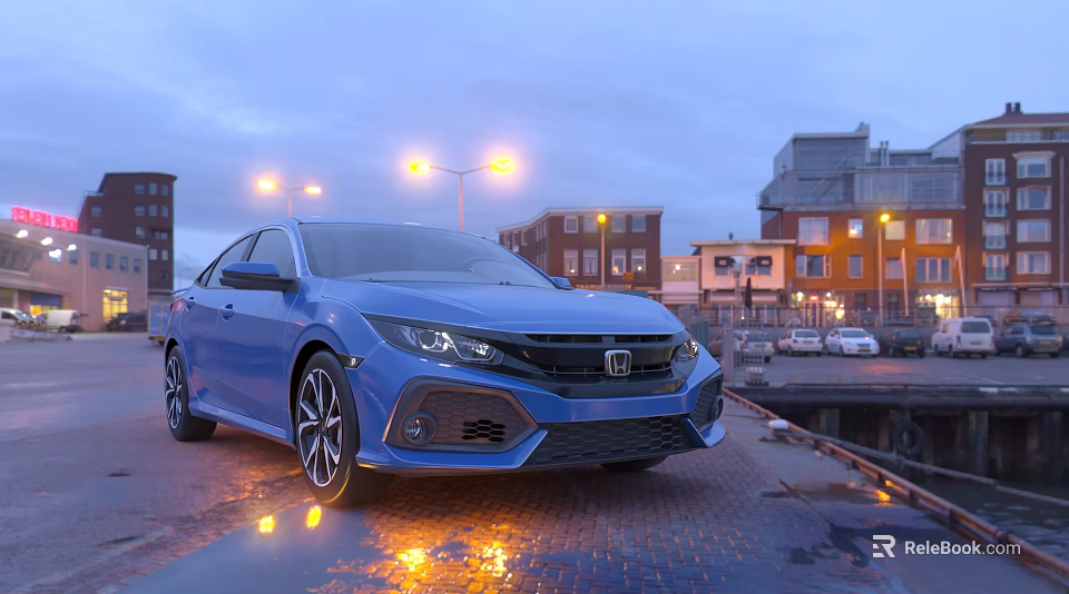 Blue Honda Sedan Parked At Urban Street With Twilight Lights And Reflections 3d model 