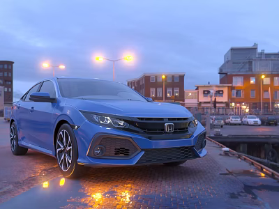 Blue Honda Sedan Parked At Urban Street With Twilight Lights And Reflections 3d model