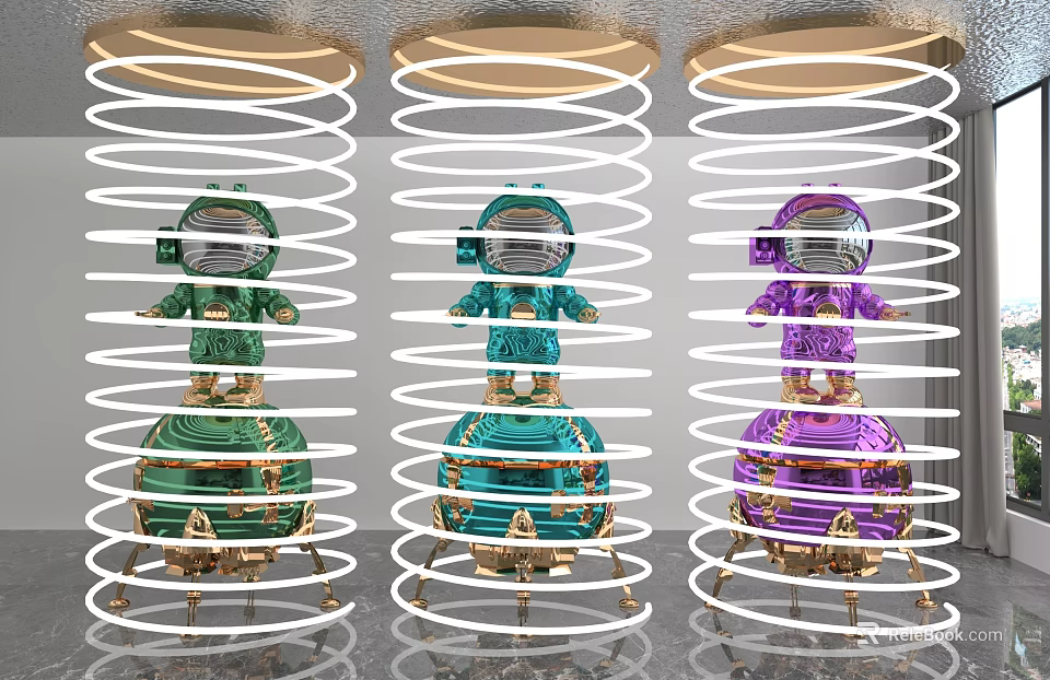 Modern Art Astronaut Sculptures Featuring Green Blue Purple Spiral Rings And Golden Base 3d model 