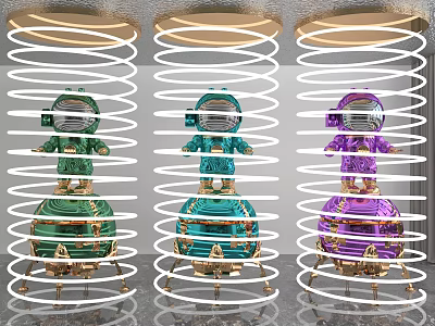 Modern Art Astronaut Sculptures Featuring Green Blue Purple Spiral Rings And Golden Base 3d model