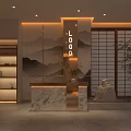 Traditional Teahouse Featuring Marble Front Desk Landscape Painting Backdrop Japanese Shoji Doors And Wooden Bookshelf