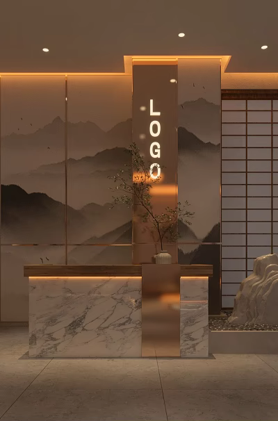 Traditional Teahouse Featuring Marble Front Desk Landscape Painting Backdrop Japanese Shoji Doors And Wooden Bookshelf 3d model
