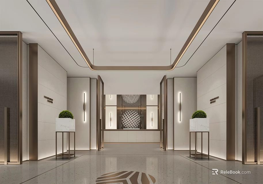 Modern Front Desk Reception Interior With Marble Walls Recessed Lighting Potted Plants And Patterned Floor 3d model 