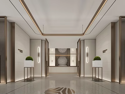 Modern Front Desk Reception Interior With Marble Walls Recessed Lighting Potted Plants And Patterned Floor 3d model