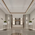 Modern Front Desk Reception Interior With Marble Walls Recessed Lighting Potted Plants And Patterned Floor