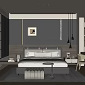Modern Bedroom Interior With Gray Walls Decorative Painting Nightstand Bench And Desk Chair