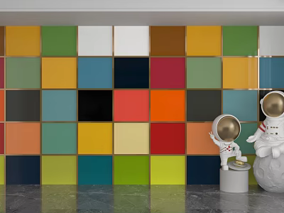 Colorful Square Background Wall in Modern Interior with Astronaut Dolls Decoration 3d model