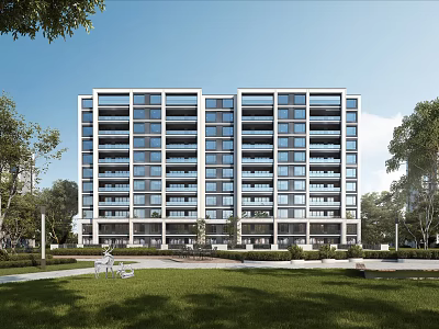 Modern High Rise Apartment Building With Glass Windows Green Lawn And Trees 3d model