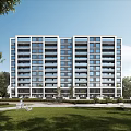 Modern High Rise Apartment Building With Glass Windows Green Lawn And Trees