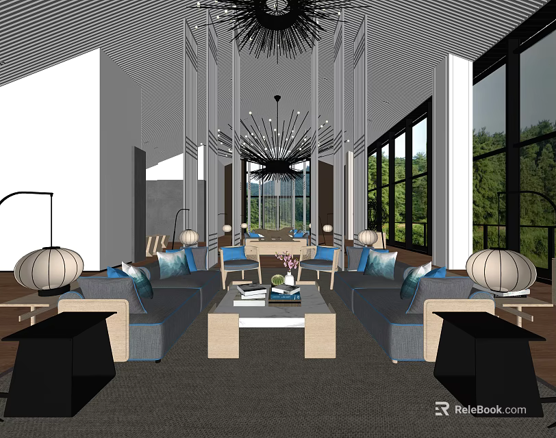 Modern Leisure Area Interior With Blue Sofas Coffee Table Hanging Chandelier And Windows 3d model