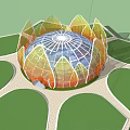 Lotus Shaped Architectural Design With Glass Dome And Colorful Petal Structure On Green Lawn