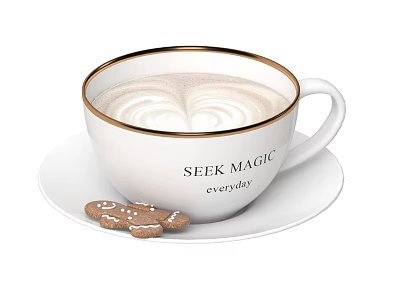 White Cup With Gold Rim And SEEK MAGIC Text On White Saucer With Gingerbread Cookies 3d model