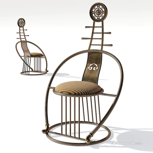Unique Pipa Inspired Armchair With Curved Metal Frame And Striped Padded Seat 3d model 