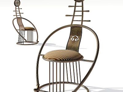 Unique Pipa Inspired Armchair With Curved Metal Frame And Striped Padded Seat 3d model