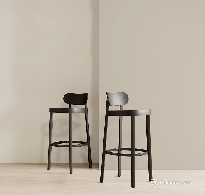 Two Black Bar Stools by Beige Wall on Wooden Floor 3d model