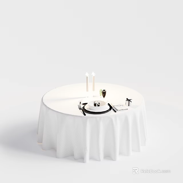 Round Dining Table With White Tablecloth Candles Cutlery Wine Glass And Food Plate 3d model 