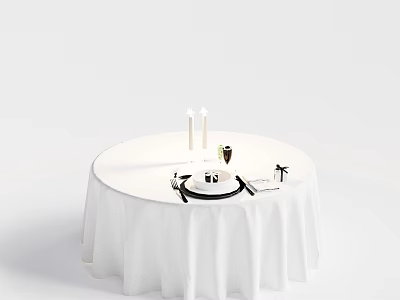 Round Dining Table With White Tablecloth Candles Cutlery Wine Glass And Food Plate 3d model