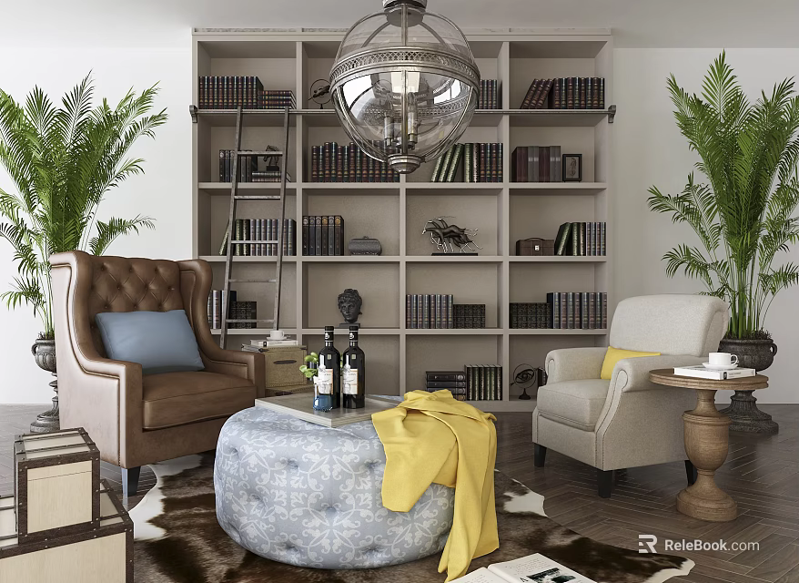 Cozy Casual Sofa Set With Brown And Beige Armchairs Round Ottoman And Green Plants 3d model 