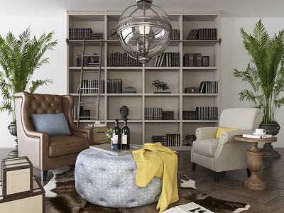 Cozy Casual Sofa Set With Brown And Beige Armchairs Round Ottoman And Green Plants 3d model