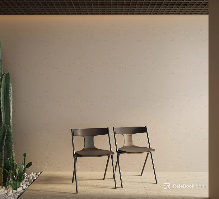 Modern Single Chairs Featuring Dark Backrest And Metal Legs By Light Brown Wall With Cactus 3d model 