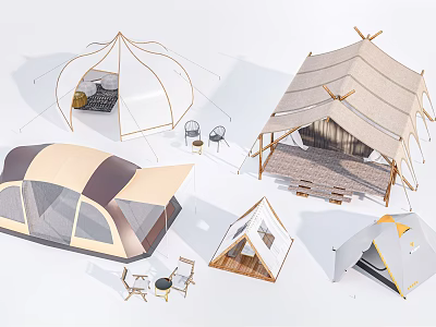 Dome and Canvas Camping Tents With Tables Chairs and Wooden Platforms 3d model