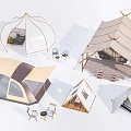 Dome and Canvas Camping Tents With Tables Chairs and Wooden Platforms