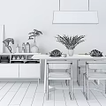 Modern Dining Table Set With Chairs Floral Vase Tableware Sideboard And Pendant Light 3d model