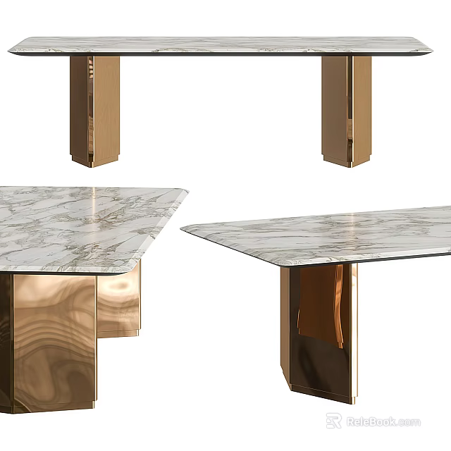 Modern Dining Table With White Marble Tabletop And Golden Metal Legs Design 3d model 