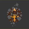 Fantasy Yellow Animal with Blue Eyes Horns and Saddle Bag Standing on Stone Ground