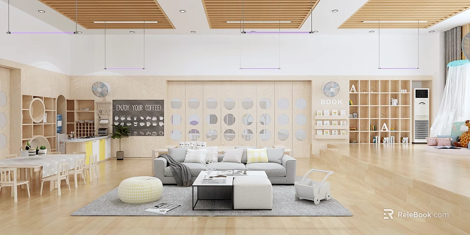 Bright Child Friendly Kindergarten Interior With Cozy Sofa Round Ottomans Soft Carpet And Bookshelves 3d model 