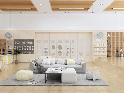 Bright Child Friendly Kindergarten Interior With Cozy Sofa Round Ottomans Soft Carpet And Bookshelves 3d model