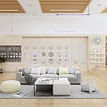 Bright Child Friendly Kindergarten Interior With Cozy Sofa Round Ottomans Soft Carpet And Bookshelves