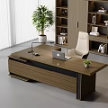 Wooden Desk With Laptop Desk Lamp Small Potted Plant White Chair Bookshelves By Window