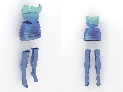 Stylish Gradient Strapless Dress With Thigh High Boots Fashion Outfit 3d model