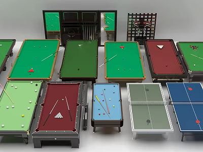 Billiard Room With Different Colored Pool Tables Cue Sticks And Balls 3d model