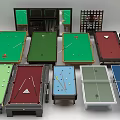 Billiard Room With Different Colored Pool Tables Cue Sticks And Balls