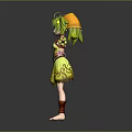Woman With Green Hair In Yellow Dress And Red Decorations Arms Outstretched Standing Pose